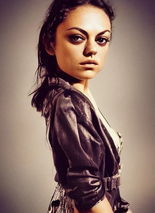 Image similar to beautiful young Mila Kunis wearing a vintage Raypunk outfit, accurate anatomy, abstract sun in background, shiny soft skin, soft lighting, sharp details, warm colors, full body portrait, 35 mm film, subsurface scattering, lens flare