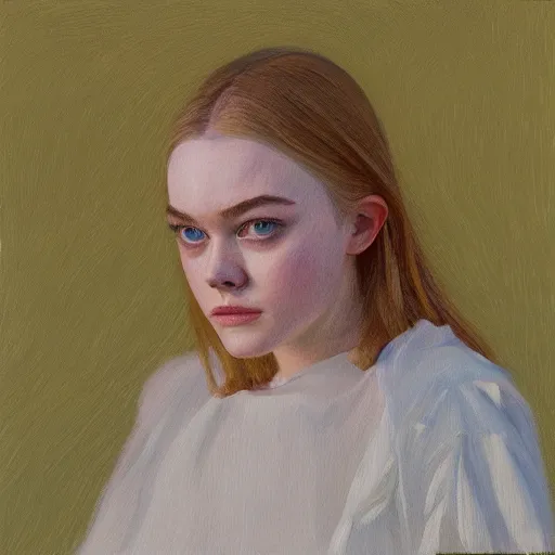 Image similar to professional painting of Elle Fanning in the style of Daniel Garber, head and shoulders portrait, symmetrical facial features, smooth, sharp focus, illustration, intricate, stormy weather, extremely detailed masterpiece,