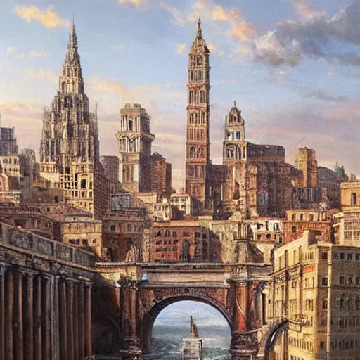 Image similar to by gabriele dell'otto blocks, unified aztec, ancient roman painting. a beautiful print of a cityscape with tall spires & delicate bridges.