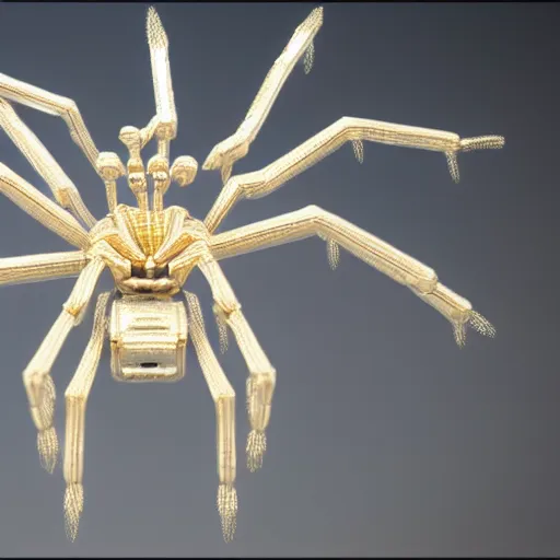 Prompt: 3 d render of a mechanical spider made of smooth white marble and gold