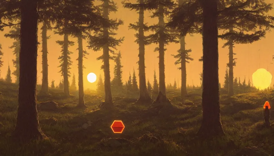 Image similar to hexagon in front of the sun, at sunset, forest in the foreground, simon stalenhag