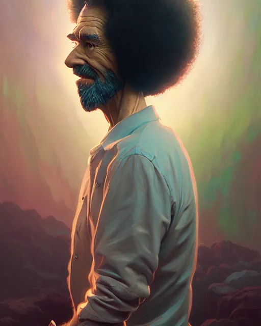 Image similar to highly detailed surreal vfx portrait of bob ross, stephen bliss, unreal engine, greg rutkowski, loish, rhads, beeple, makoto shinkai and lois van baarle, ilya kuvshinov, rossdraws, tom bagshaw, alphonse mucha, global illumination, detailed and intricate environment