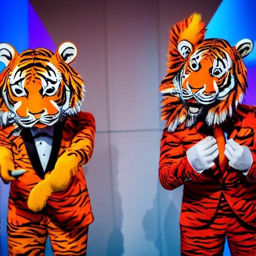 Prompt: two anthropomorphic tiger magicians in flamboyant colorful suits giving commands to their two humans who are doing suits, 4k, live photography, event photography