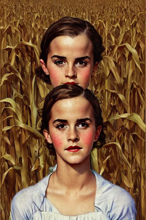 Prompt: photo photorealistic portrait photograph Emma Watson in a corn field 1950s portrait by Norman Rockwell