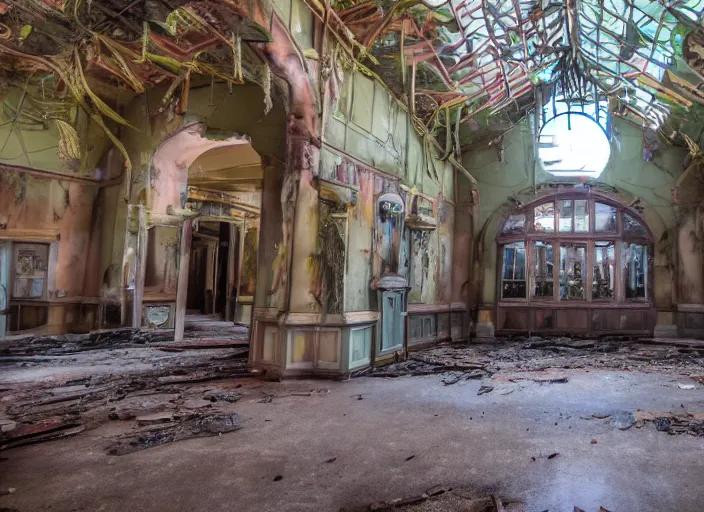 Image similar to the inside of the building Disney world park, shut down, abandoned, Florida, out of business, castle is falling apart, got shut down, kids place, liminal spaces, backrooms, empty, overgrown, Disney world, Disney land, theme park, roller coasters, Disney