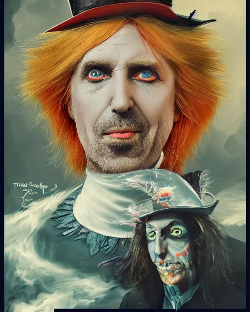 Image similar to tom petty as the mad hatter, contrast, kim jung gi, greg rutkowski, zabrocki, karlkka, jayison devadas, trending on artstation, 8 k, ultra wide angle, zenith view, pincushion lens effect