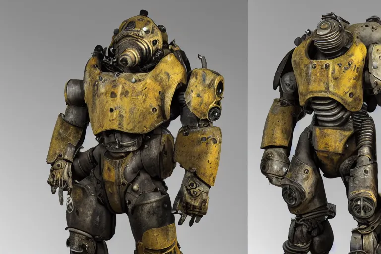 Image similar to photo taken of an epic intricate, ultra detailed, super realistic gritty, hero prop, exquisitely weathered very clunky, bulky fallout 5 power armour suits movie prop replica's in a row in the workshop, created by weta workshop, full body shot, photorealistic, sharp focus, white wall, cold colour temperture, golden ratio