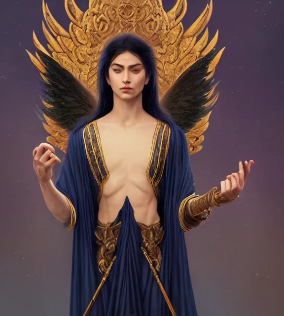 Prompt: god of death, young male, in the underworld, elegant dark blue dress, very detailed, throne, very intricate details, jewelry, gold eyeshadow, elaborate long black hairstyle, wings, cinematic, artstation, william bouguereau, magali villeneuve, greg rutkowski, rossdraws, octane render