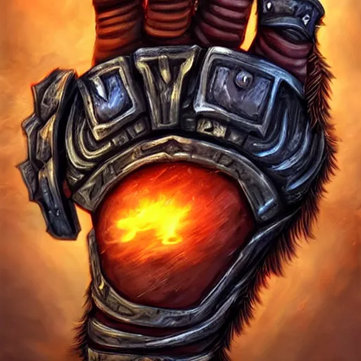 Image similar to warrior Gauntlet fist, war theme gauntlet fist, fantasy gauntlet of warrior, armored gauntlet fingers, fiery coloring, epic fantasy style art, fantasy epic digital art, hearthstone weapon art, epic fantasy weapon art