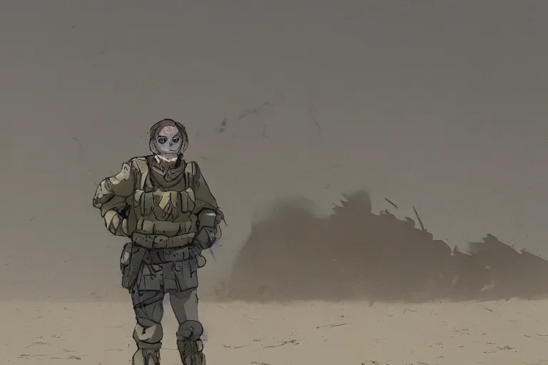 Image similar to sergeant dornan is standing in the desert near a closed hangar, a small ripple in the air from the heat, glare from the sun on metal surfaces, realistic proportions, anime style ghost in armor