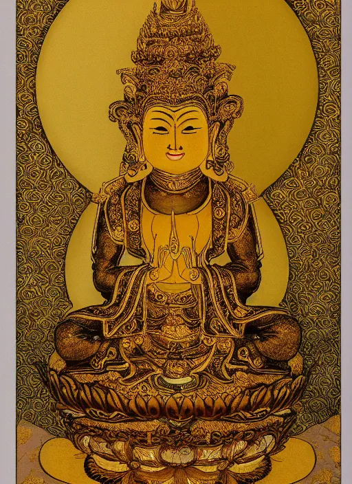 Image similar to detailed illustration of an anthropomorphic asian black bear Buddhist bodhisattva, seated in royal ease, 0.1 black micron pen, gilded gold halo behind head, highly detailed, fine pen work, religious iconography,