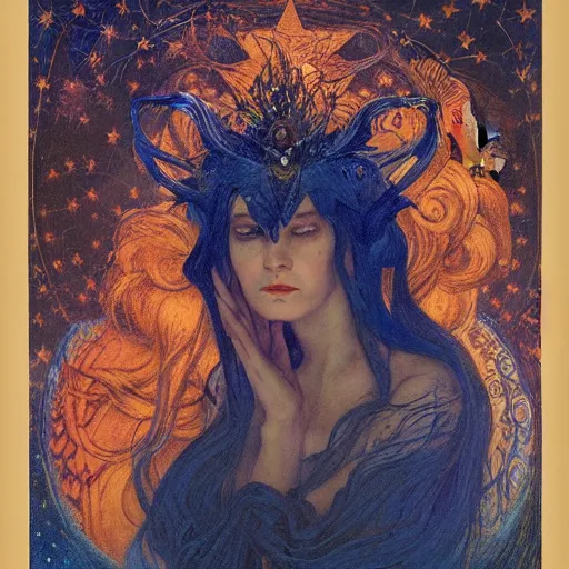 Image similar to queen of the moon with stars in her hair, by annie swynnerton and tino rodriguez and nicholas roerich and lucien freud and jean delville and charlie bowater, dramatic lighting, floral tattoos, rich colors, smooth sharp focus, extremely detailed, adolf wolfli