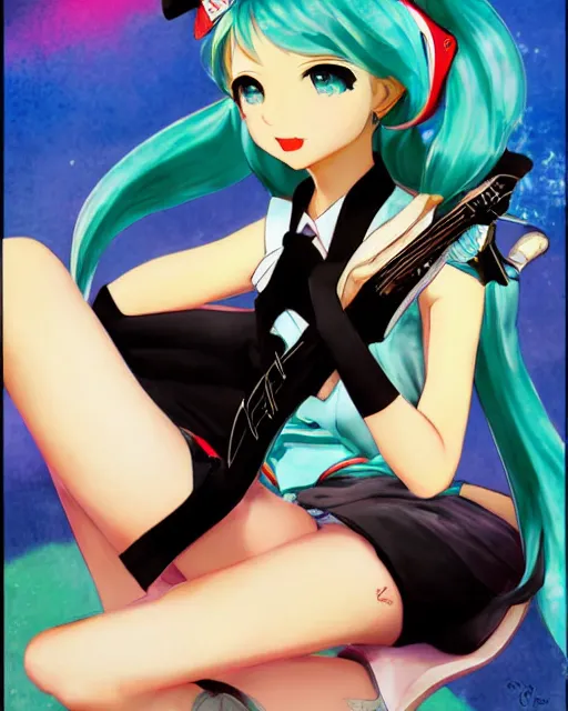 Image similar to Hatsune Miku full body pin up modeling in idol unioform, with a park in the back ground, post war style, detailed face, watercolor art style, by Gil Elvgren