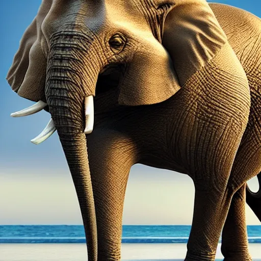 Prompt: a highly detailed beautiful Elephant with smooth and streamlined skin, doing an elegant pose on the beach, artstation, DeviantArt, professional, octane render