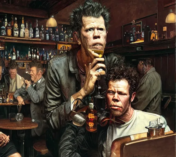 Image similar to Tom Waits and Iggy in a pub, highly detailed, digital painting, artstation, concept art, smooth, sharp focus, illustration, art by james gurney and norman rockwell and greg rutkowski chuck close