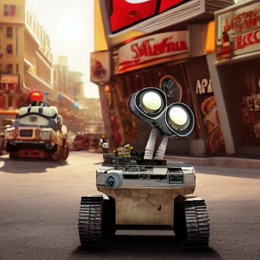 Prompt: Wall E as a begger on a crowded las vegas street, 4k photorealistic, HD, high details,longshot, dramatic, trending on artstation