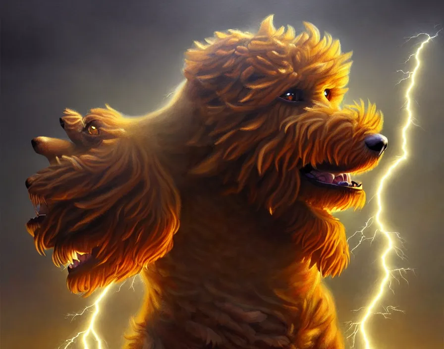 Image similar to an epic painting of a male anthropomorphic brown goldendoodle fursona as zeus, shooting lightning bolts from his paws, by alex grey and greg rutkowski, intricate details, artstation, furry, cinematic, hd, beautiful