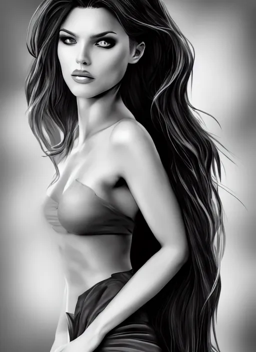 Image similar to full body portrait of a beautiful woman in black and white, photorealistic, hair down to waist, in the style of Kevin Kostic, art by diego fazio and diegoKoi and artgerm, hyper sharp focus, 8k highly detailed