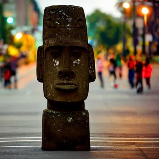 Image similar to a moai head statue roller skating on the street, set at night