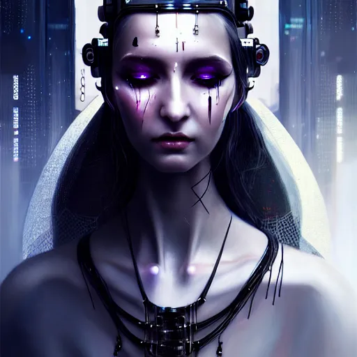 Image similar to cyberpunk robotic dark elvish queen, diadem on the head, black tears, extremely detailed, hyperrealistic, intricate, soft light, fantasy, digital painting, art station, perfect faces, fine details, by wlop