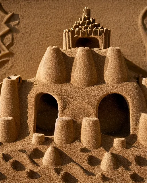 Prompt: a detailed sandcastle in the style of apis mellifera beehive, beautiful composition, cinematic lighting, vibrant epic