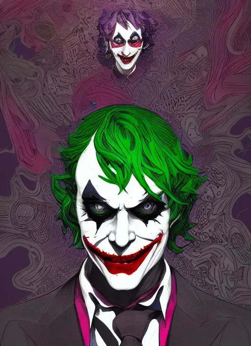 Image similar to portrait of joker from persona, an ultrafine detailed illustration by james jean, intricate linework, bright colors, final fantasy, behance contest winner, vanitas, angular, altermodern, unreal engine 5 highly rendered, global illumination, radiant light, detailed and intricate environment