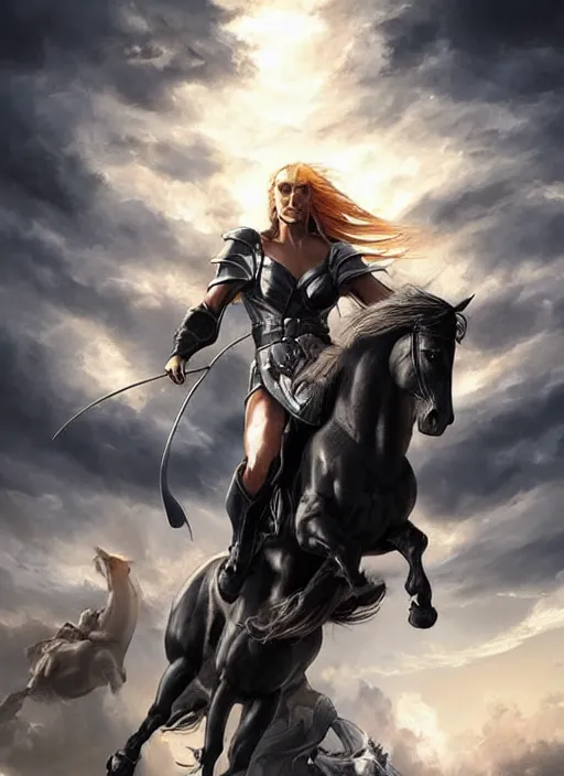 Image similar to the first horseman of the apocalypse is riding a strong big black stallion, horse is up on its hind legs, the strong male rider is carrying the scales of justice, beautiful artwork by artgerm and rutkowski, breathtaking, beautifully lit, dramatic, full view