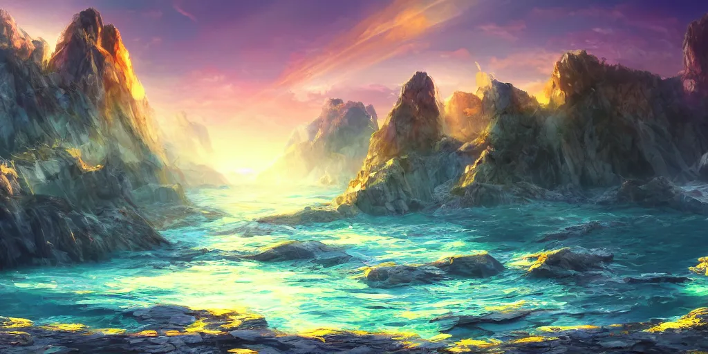 Image similar to salt covered islands surrounded by gleaming colourful crystal cliffs, illustration, bright sunlight, sun glints, sunrays, digital art, oil painting, fantasy, 8 k, trending on artstation, detailed