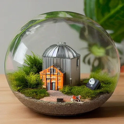 Image similar to a terrarium with sizewell b nuclear power plant diorama inside on top of a minimalist table, lit from the side