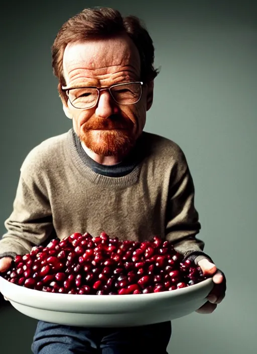 Image similar to tiny bryan cranston sitting inside a cranberry, food photography, natural light, sharp, detailed face, magazine, press, photo, steve mccurry, david lazar, canon, nikon, focus