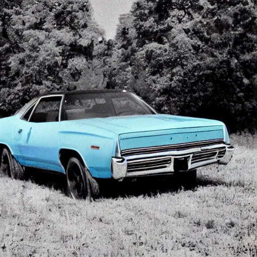 Prompt: A photograph of a beater beater beater beater beater beater beater beater beater beater beater beater beater broken down broken down broken down broken down broken down broken down broken down broken down 1976 Powder Blue Dodge Aspen in a farm field, photograph taken in 1989