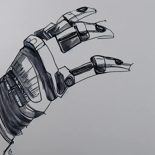 Prompt: a robot hand sketching a robot hand on paper