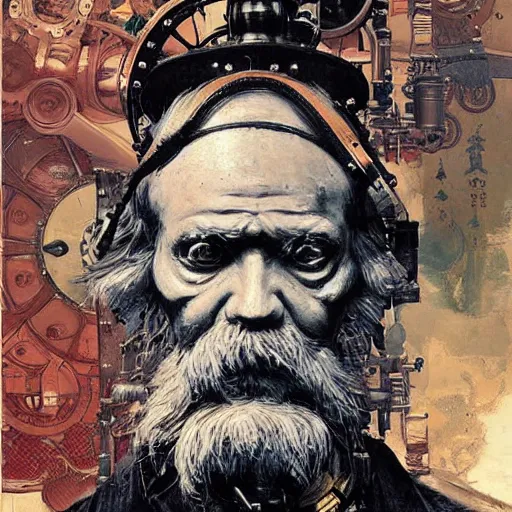 Image similar to portrait of charles darwin as a steampunk cyborg, clockwork automaton, hanafuda oil on canvas by ivan shishkin, james jean and yoji shinkawa