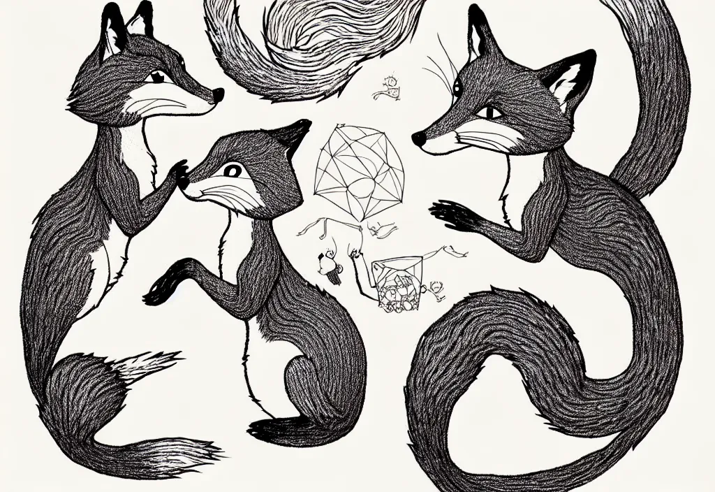 Prompt: portrait of a fox and a girl and a squirrel enveloped in yarn who daydream about death and chaos, by norman rockwell, pixar, studio ghibli, toei, mc escher, intricate line work, beautiful, complete light occlusion, hyper realism, trending on pinterest, artstation 8 k
