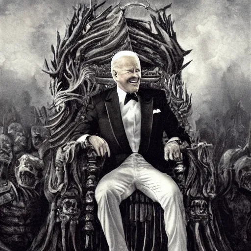 Image similar to Joe Biden sitting on his throne of skulls and smiling, oil on canvas, 1883