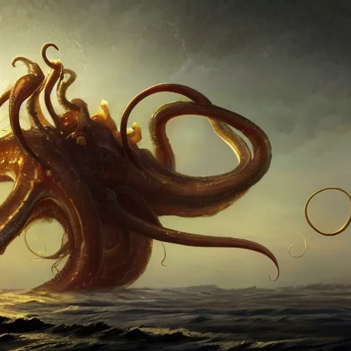 Prompt: epic cinematic shot of a big squid monster with long golden tentacles flying in deep space digital painting, artstation, concept art, soft light, hdri, smooth, sharp focus, illustration, fantasy, intricate, elegant, highly detailed, D&D, matte painting, in the style of Greg Rutkowski and Alphonse Mucha and artemisia, 8k, highly detailed, jurgens, rutkowski, bouguereau, pastoral, rustic, georgic