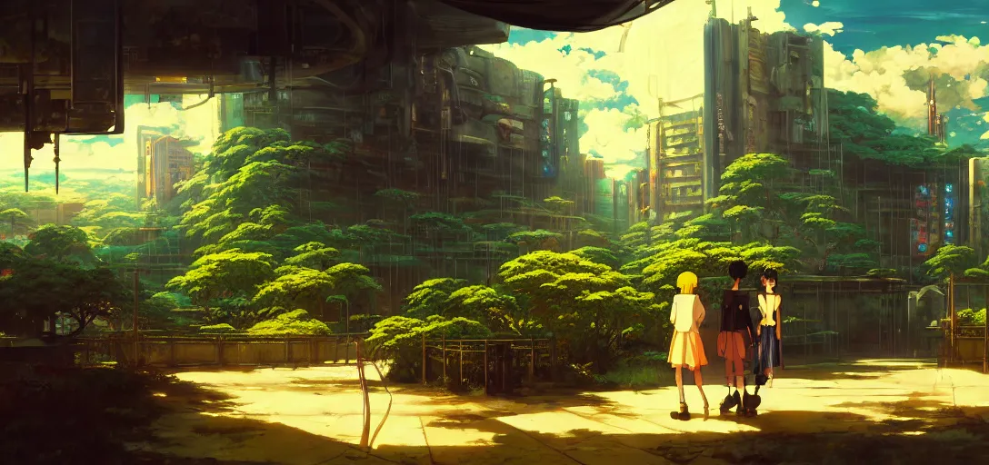 Prompt: baroque oil painting of anime key visual environment of a eden in a cyberpunk world, brutalist, dark fantasy, sunset, rule of thirds, digital cel shading, fake hidden detail, trending on pixiv fanbox, style of makoto shinkai studio ghibli jamie wyeth james gilleard greg rutkowski