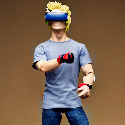 Image similar to action figure of a skinny blonde male wrestler wearing a vr headset and wearing a t - shirt and jeans, high detail, realistic,