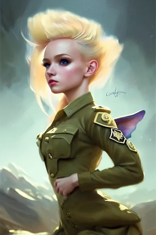 Image similar to cinematic shot of an epic portrait of a cute blonde fairy dressed in military clothes, stylised military clothes, shiny skin, beautiful eyes, beautiful, small details, night setting, realistic poster with volumetric light from craig mallism, artgerm, jeremy lipkin and michael garmash, unreal engine, radiant light, digital art, trends at art station, a masterpiece