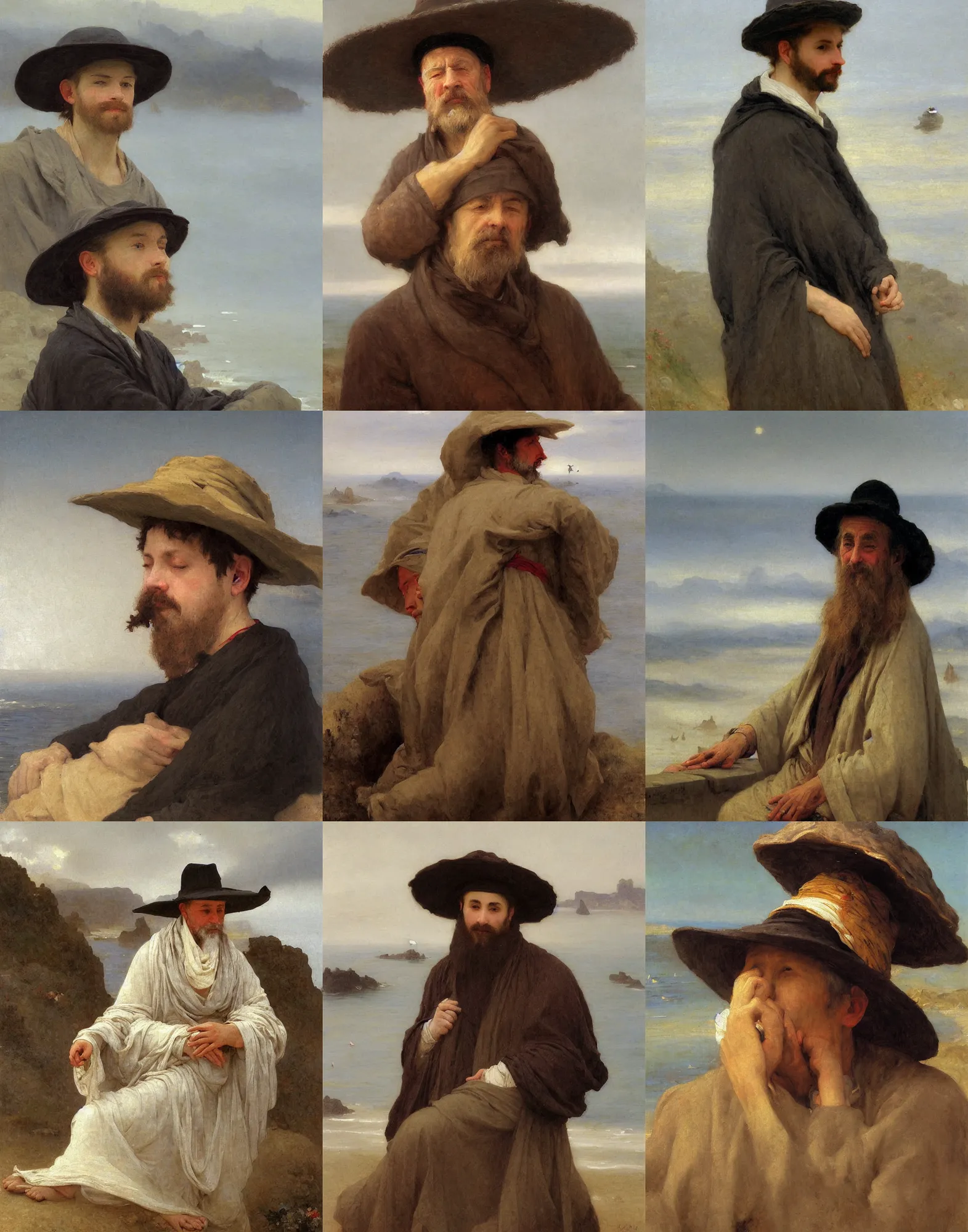 Prompt: high detail high quality painting portrait of wise man with a large hat contemplating at the coast with fog by bouguereau and alyssa monks