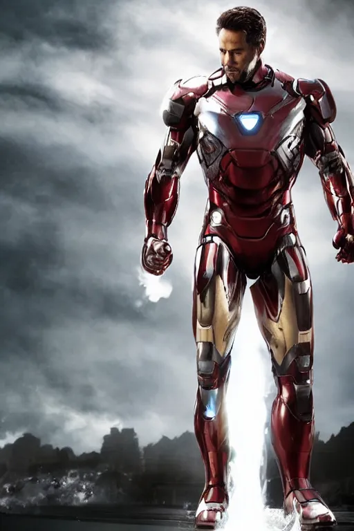 Image similar to ryan reynolds in a silver and black nano technology iron man suit, cinematic, volumetric lighting, f 8 aperture, cinematic eastman 5 3 8 4 film, photorealistic