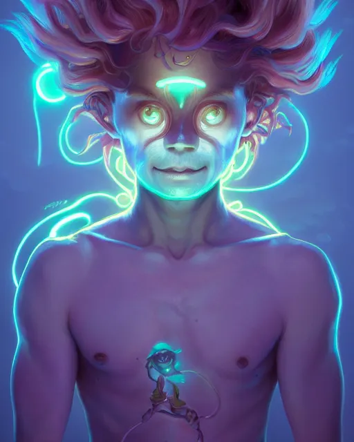 Prompt: one singular portrait of a cute bioluminescent monster boy, mischievous, highly detailed, digital painting, cinematic, hyper realism, dark retrowave, art by stanley lau and artgerm and magali villeneuve and alphonse mucha, artstation, octane render, cgsociety