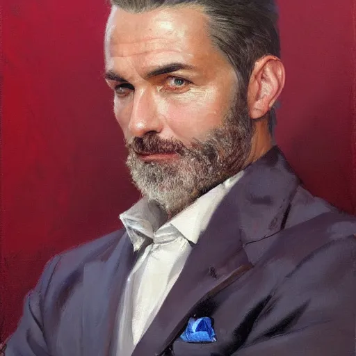 Image similar to A painting of a 40 year old man with sharp facial features and a light stubble, grey hair, blue eyes, beautiful and detailed, he is wearing a crimson red velvet suit, oil painting, by Greg Rutkowski, trending on artstation