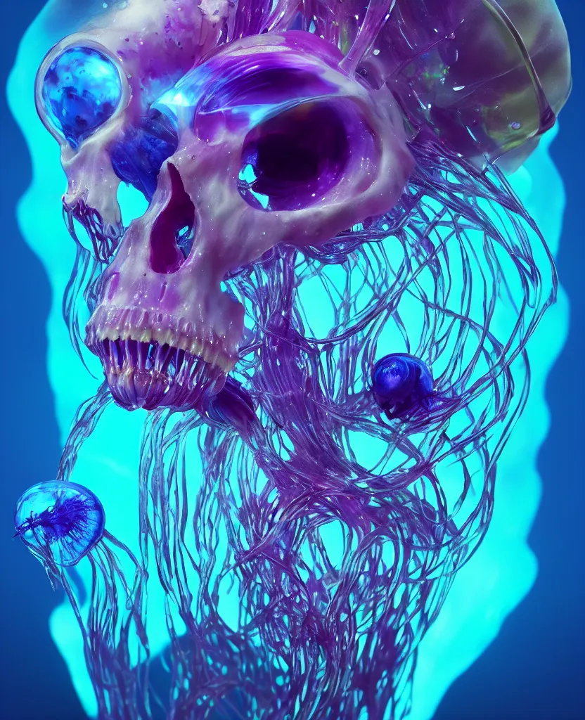 Image similar to close-up portrait of skull dichroic orchid jellyfish skull, betta fish, bioluminiscent creatures, intricate artwork by Tooth Wu and wlop and beeple. octane render, trending on artstation, greg rutkowski very coherent symmetrical artwork. cinematic, hyper realism, high detail, octane render, 8k