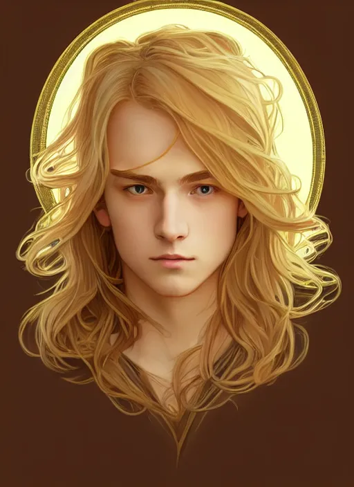 Image similar to pretty young man with shoulder length shiny shimmering golden blond hair, path traced, highly detailed, high quality, digital painting, by studio ghibli and alphonse mucha, leesha hannigan, disney