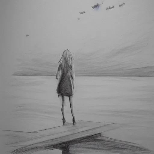 Prompt: a sketch drawing, she looks at the lake, it's raining, trending on artstation