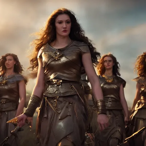 Image similar to the goddesses fraya going to war with her army of valkyries, golden hour, detailed faces, 8 k uhd, high detail, awe - inspiring.