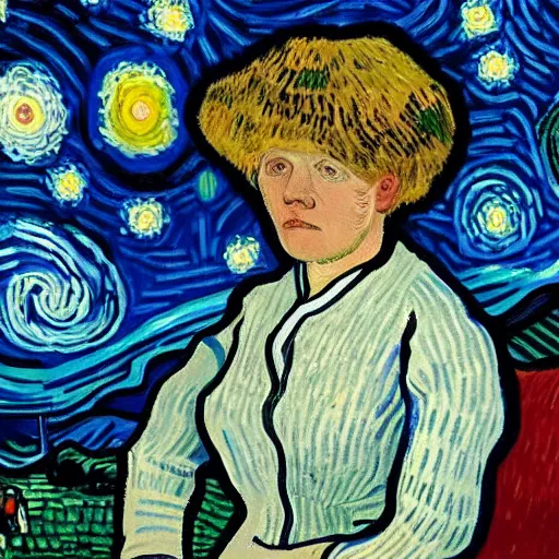 Image similar to detailed portrait of boris johnson as an 1890s peasant milkmaid sitting in her bedroom on a starry night painted by van gogh