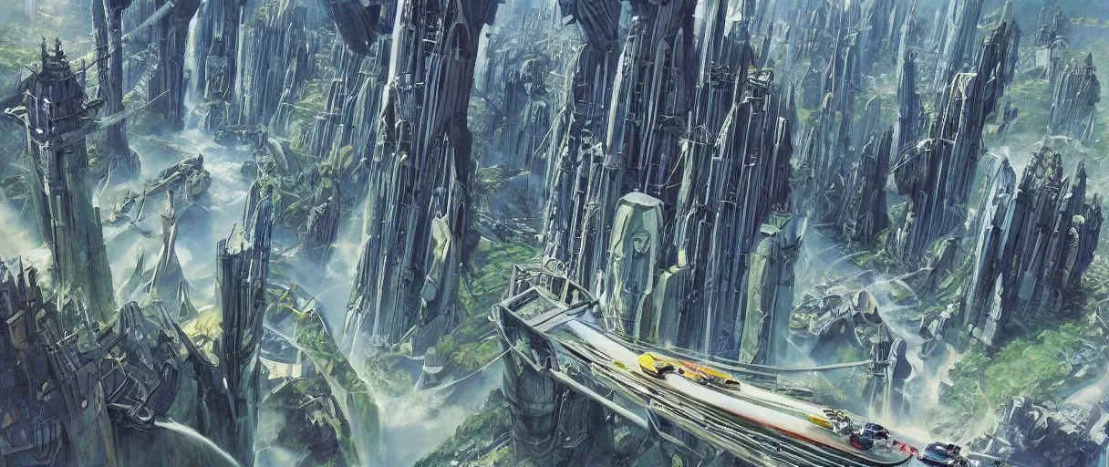 Image similar to A beautiful illustration of a futuristic city of bridges built on a world of waterfalls by Robert McCall and Ralph McQuarrie | sparth:.1 | Time white:.2 | Rodney Matthews:.2 | Graphic Novel, Visual Novel, Colored Pencil, Comic Book:.4 | unreal engine:.3 | | viewed from above | establishing shot:.7