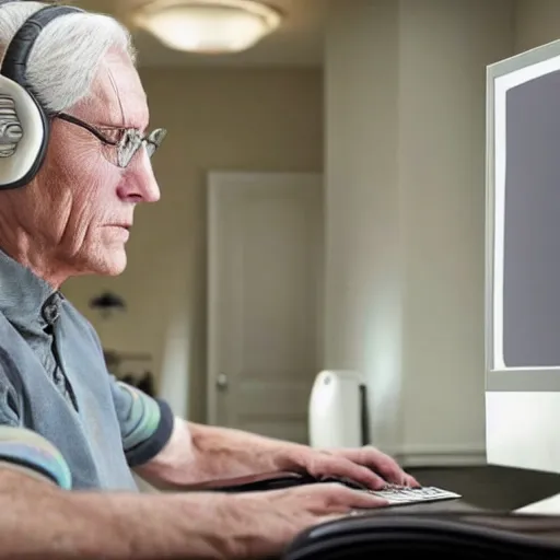 Image similar to A colored colorized real screenshot of Jerma985 as an elderly guy streaming on his computer while wearing headphones, taken in the early 2020s, taken on a 2010s Camera, realistic, hyperrealistic, very realistic, very very realistic, highly detailed, very detailed, extremely detailed, detailed, digital art, trending on artstation, headshot and bodyshot, detailed face, very detailed face, very detailed face, real, real world, in real life, realism, HD Quality, 8k resolution, intricate details, colorized photograph, colorized photon, body and headshot, body and head in view